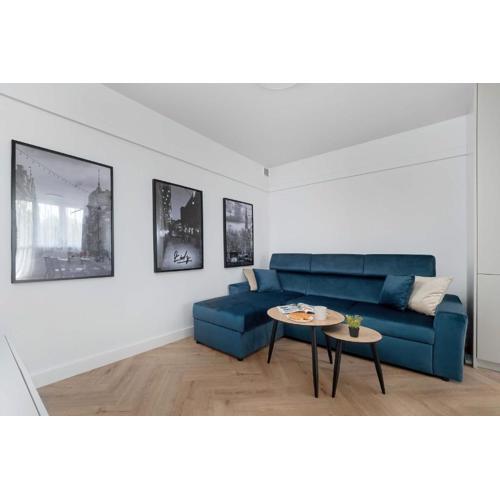 Blue and White Apartment in Łódź with Furnished Balcony by Noclegi Renters